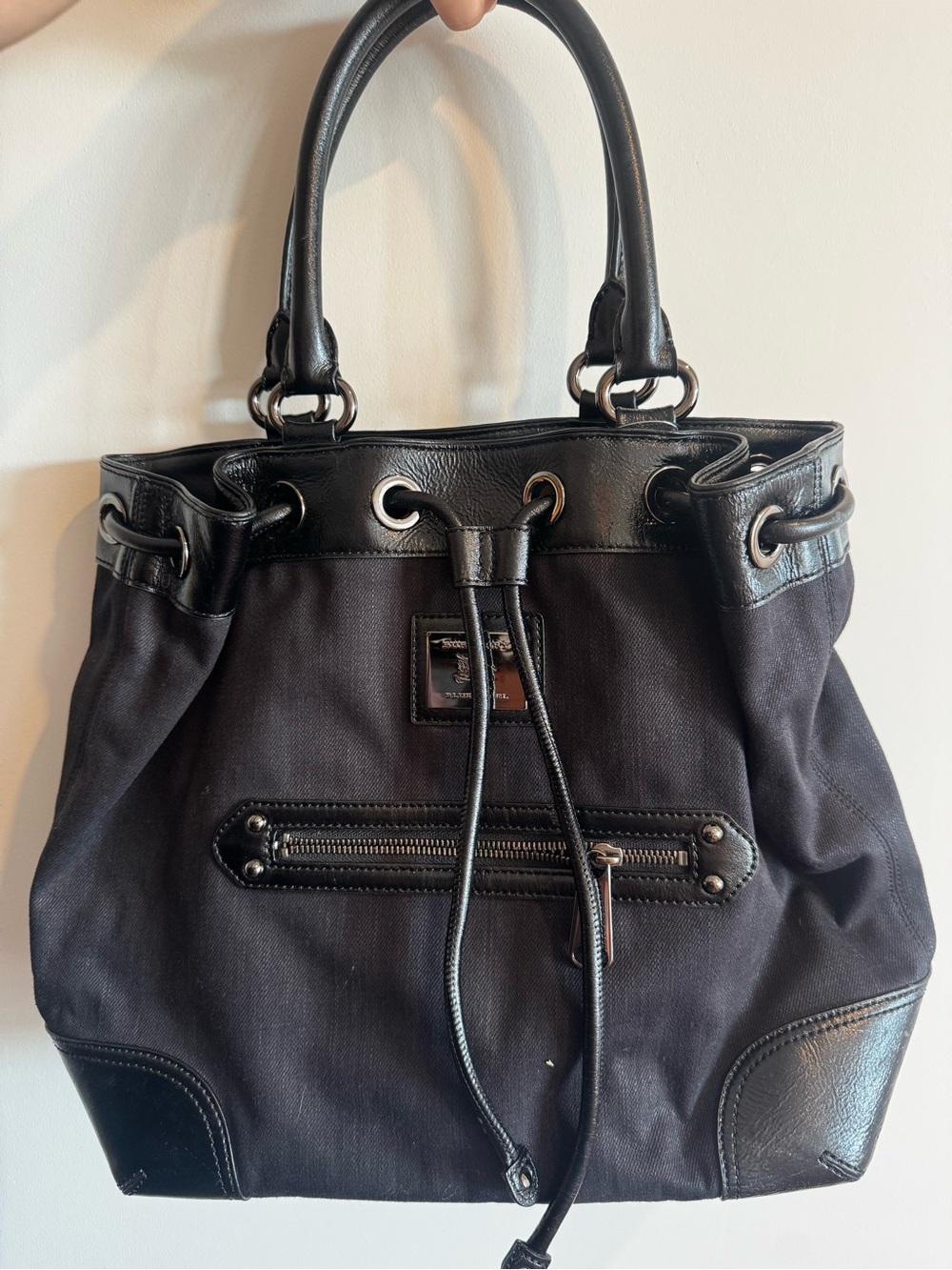 Authentic Burberry Blue Label Black Denim & Leather Drawstring Tote Rare Used